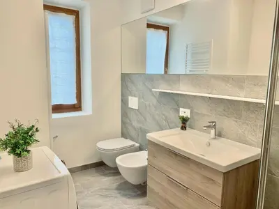 a bathroom with a sink and a toilet and a mirror at Cesa Do Ruf eurochalet in Campitello di Fassa