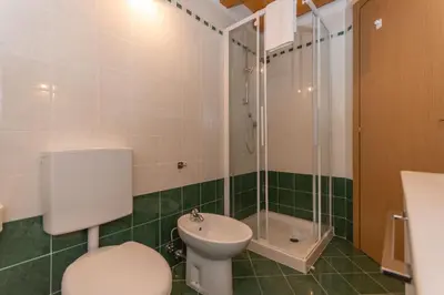 a bathroom with a toilet and a shower and a sink at Residence Rosental in Alleghe