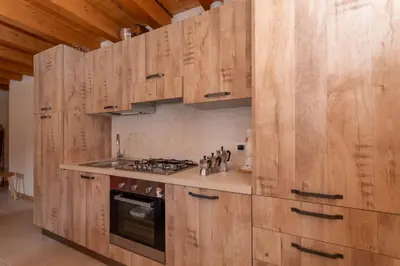 a kitchen with wooden cabinets and a stove at Residence Rosental in Alleghe