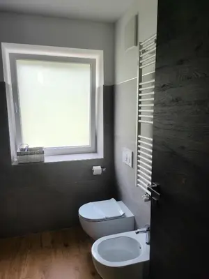 a bathroom with a white toilet and a window at appartamento PANORAMA in Pozza di Fassa