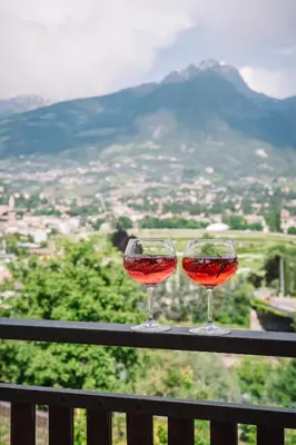 two glasses of red wine sitting on a rail at Ferienappartement Freiblick in Marlengo