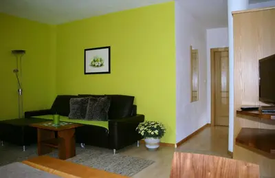 a living room with a black couch and a green wall at Ferienwohnungen Günzelgut in Lana