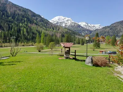 a green field with mountains in the background at Tabia Maredane in Falcade