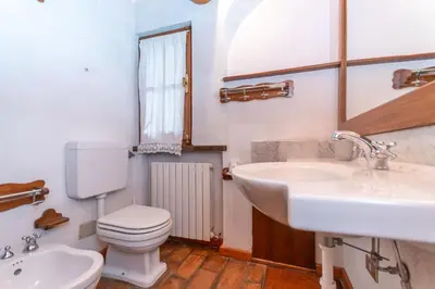 a bathroom with a sink and a toilet and a mirror at Tabia Maredane in Falcade