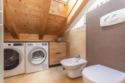 a bathroom with a washing machine and a sink at Arabba - Al Vecio Soler in Livinallongo del Col di Lana