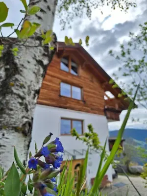 a house with a tree and flowers in front of it at Residence Rastbichl - Apartments & Indoor-Pool in Maranza
