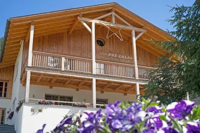 a large wooden building with a balcony and purple flowers at Apartements Precalalt in La Villa