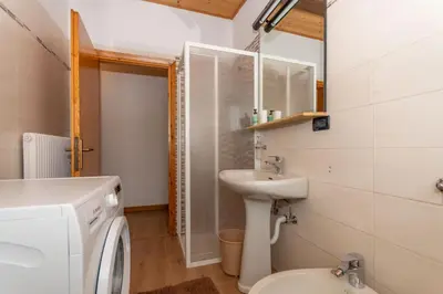 a bathroom with a sink and a washing machine at Casa Bristol in Pozza di Fassa