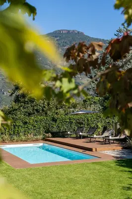 a swimming pool in a yard with chairs and trees at Villa Julia in Lana