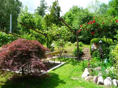 a garden with a bench and some flowers and trees at Ferienwohnungen HÖLLERHOF in Terlan in Vilpiano