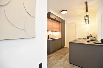a kitchen with a counter and a sink in a room at Jacuzzi Suite Appartement bei Meran in Merano