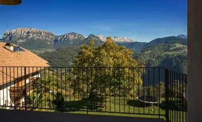 a balcony with a view of a tree and mountains at Gestüt Feuerstein- Lanznasterhof in Prato allʼIsarco
