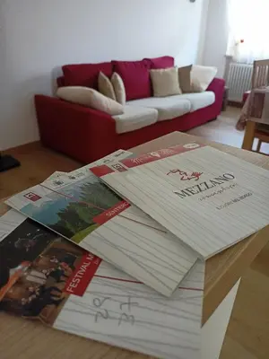 a pile of magazines on a table in a living room at Una vacanza in Trentino da ricordare in Mezzano