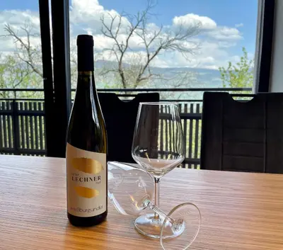 a bottle of wine and a glass on a table at Unterlechnerhof in Vollan