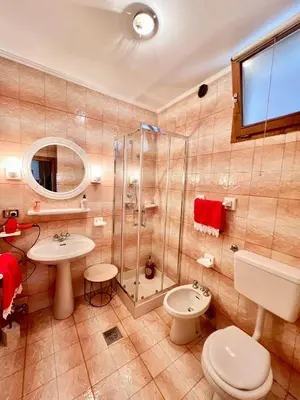 a bathroom with a shower and a toilet and a sink at Ciasa AGB in Moena