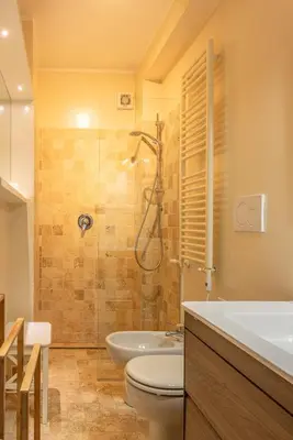 a bathroom with a shower and a toilet and a sink at Casa Carina in Cortina d Ampezzo in Cortina dʼAmpezzo