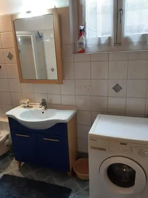 a bathroom with a sink and a washing machine at Accogliente Bilocale in centro a Predazzo in Predazzo