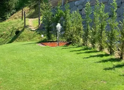a garden with a fountain in the middle of a lawn at Chalet Tschattlhof Dolomites in Ponte Nova