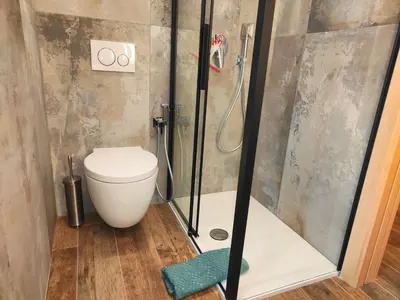 a small bathroom with a toilet and a shower at So close to Sellaronda lifts! in Campitello di Fassa