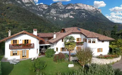 a house with a mountain in the background at Göllerhof in Caldaro