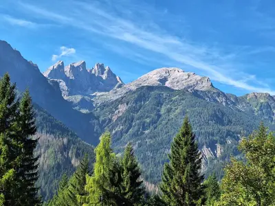 a view of a mountain range with trees in the foreground at Appartamento Madama in Falcade