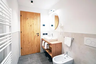 a bathroom with a sink and a toilet and a mirror at Residence Odlina in Colfosco