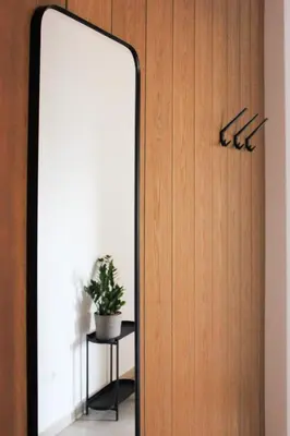 a mirror next to a door with a plant at haus e Apartment 2 in Lana
