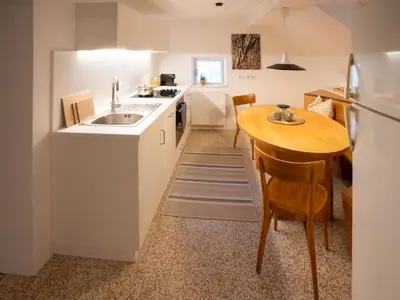 a kitchen with a table and a sink and a refrigerator at Eden Apartment in Soprabolzano