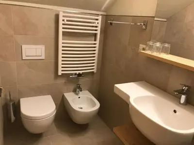 a bathroom with a white toilet and a sink at Platzerhof in Monguelfo