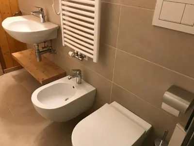 a bathroom with a white toilet and a sink at Platzerhof in Monguelfo