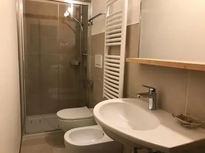 a bathroom with a toilet and a sink and a shower at Platzerhof in Monguelfo
