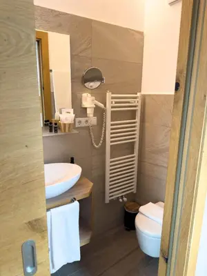a small bathroom with a sink and a toilet at Bar-Restaurant-Pizzeria Antermont B&B in Carezza al Lago