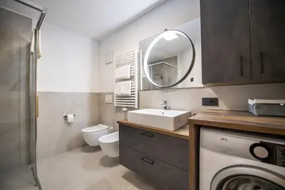 a bathroom with a sink toilet and a mirror at Apartment Villa Hetty 2 in Ortisei