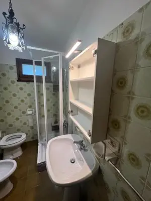 a bathroom with a sink and a toilet and a shower at Appartamento Larsech in Pozza di Fassa