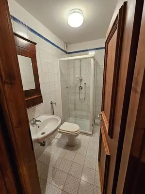 a bathroom with a shower and a toilet and a sink at Casa Aurine di Zaccaria in Frassenè