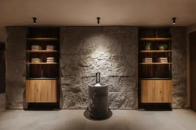 a room with a stone wall with a table and shelves at Hotel Recort - Adults Only in Colfosco