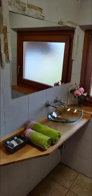 a bathroom counter with a sink and a mirror at Alp-Hof Apartments in Stanghe