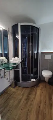 a bathroom with a glass shower and a toilet at Alp-Hof Apartments in Stanghe
