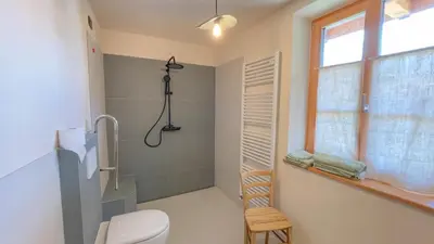 a bathroom with a shower and a toilet and a window at Agriturismo Mirtilla in Trento