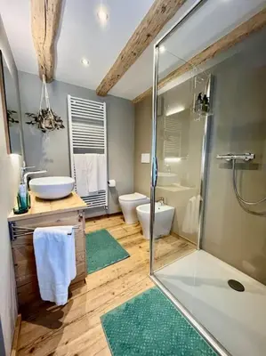 a bathroom with a shower and a sink and a toilet at Stella Alpina - Romantic getaway in Falcade