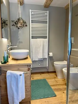 a bathroom with a sink and a toilet and a shower at Stella Alpina - Romantic getaway in Falcade