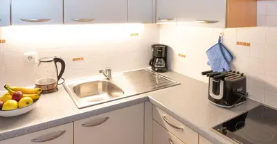 a kitchen counter with a sink and a bowl of fruit at Apartment Getzenbergerhof in Chienes