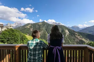 a man and a woman standing on a balcony overlooking mountains at Cesa dele Angele in Colle Santa Lucia