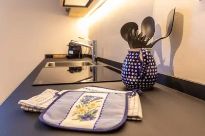 a kitchen counter with a sink and a vase with utensils at Cesa dele Angele in Colle Santa Lucia