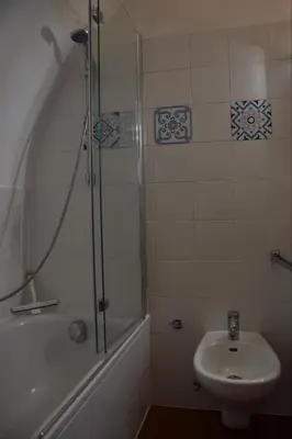 a bathroom with a shower and a toilet and a sink at Appartamento Aquila D'oro in Vipiteno