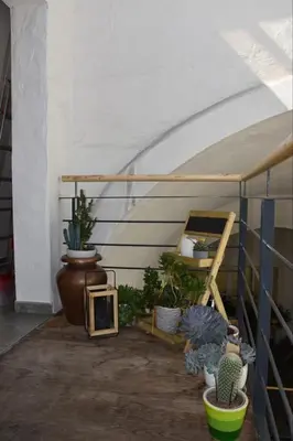 a room with potted plants and a heater and a staircase at Appartamento Aquila D'oro in Vipiteno