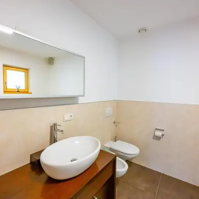 a bathroom with a white sink and a toilet at Biohof Gala in Naturno