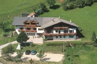 an aerial view of a large house in a field at Haus Trögl in Tires