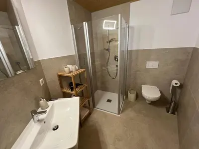 a bathroom with a shower and a sink and a toilet at Haus Trögl in Tires