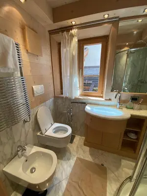 a bathroom with a toilet and a sink and a tub at Villa Zubiana in Cortina dʼAmpezzo